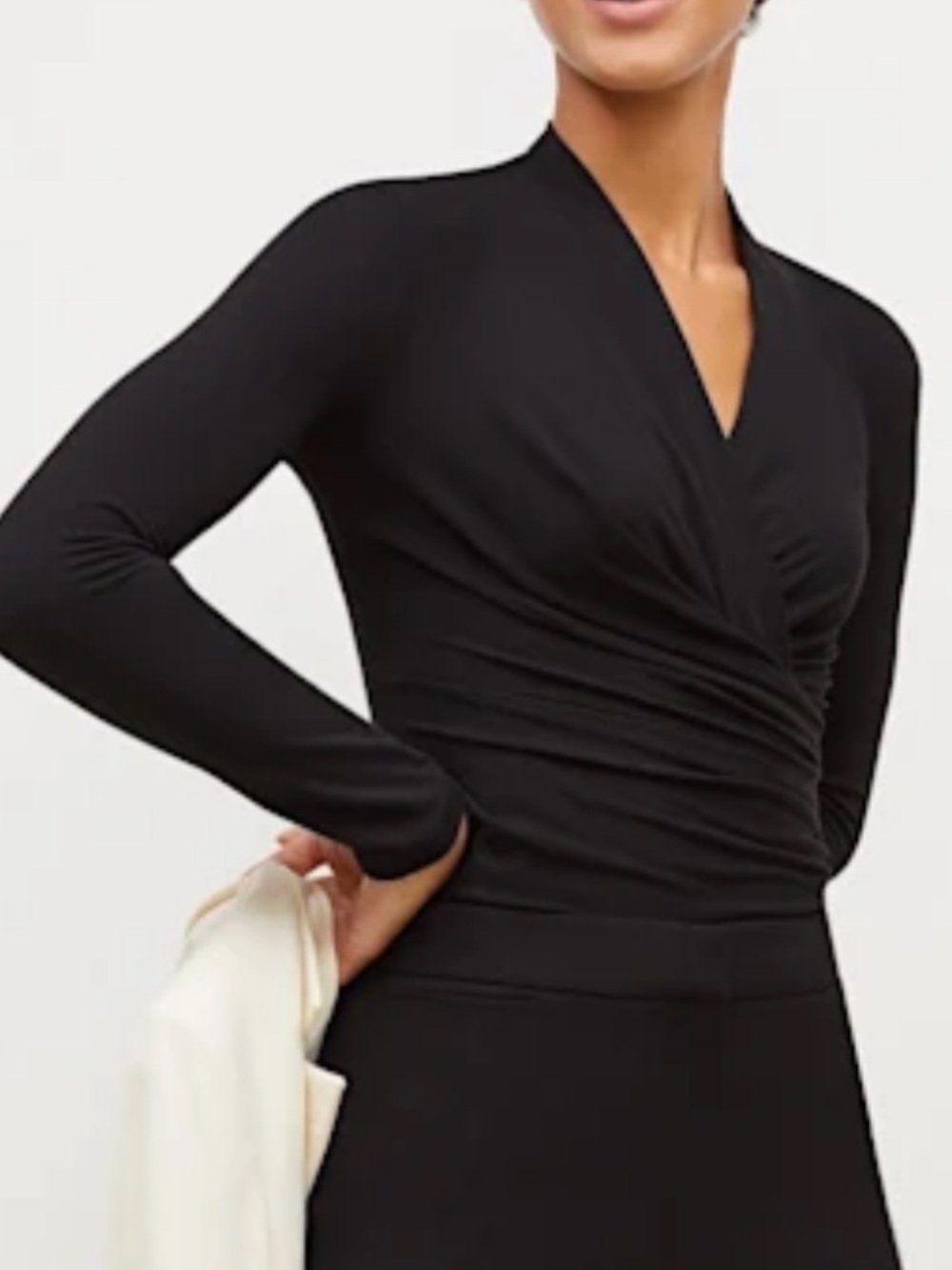 MM Lafleur Fey V Neck Long Sleeve Jersey Faux Wrap Draped Top Black Plus Size 2